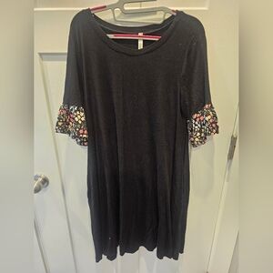 Celeste Black Knit Dress Women’s XL – Floral Ruffle Sleeve Soft Stretch Casual